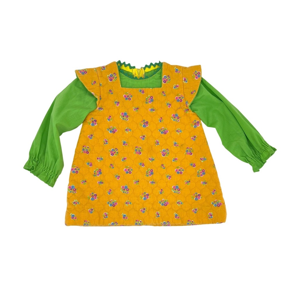 Vintage 70s Handmade Girls Quilted Floral‎ Jumper Dress Rickrack Retro